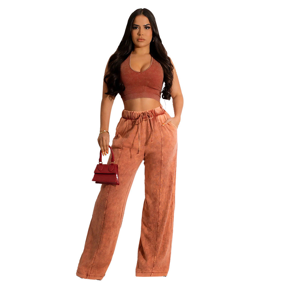 Sleeveless Open Waist Jacket Elastic Waist Wide-leg Pants Suit