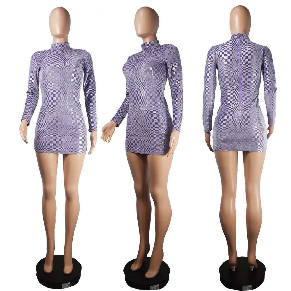 Long Sleeve Sheath Dress Sequined round Neck Slim Dress