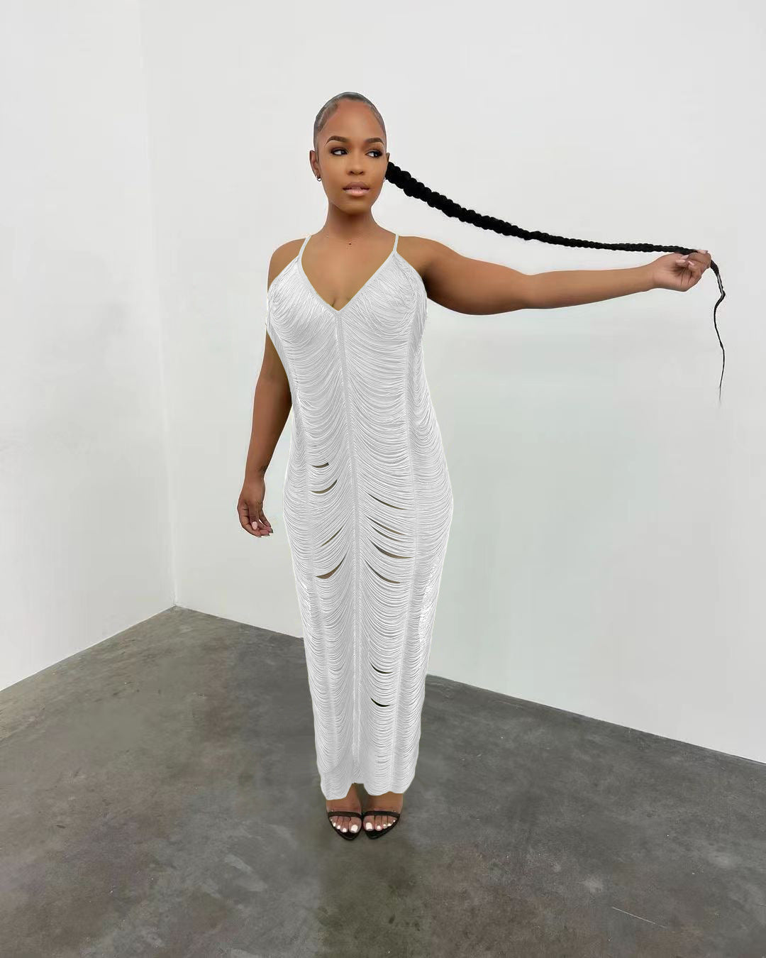 Strap Style Knitted Sleeveless Hollow Out V-neck Dress