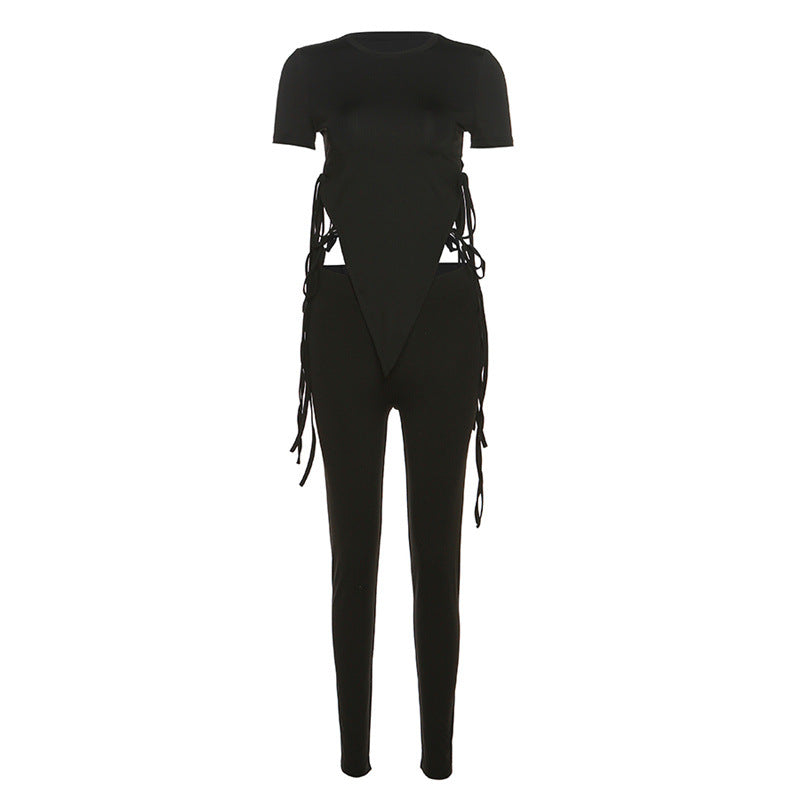 Short-Sleeved Top High Waist Tight Trousers 2pc Set