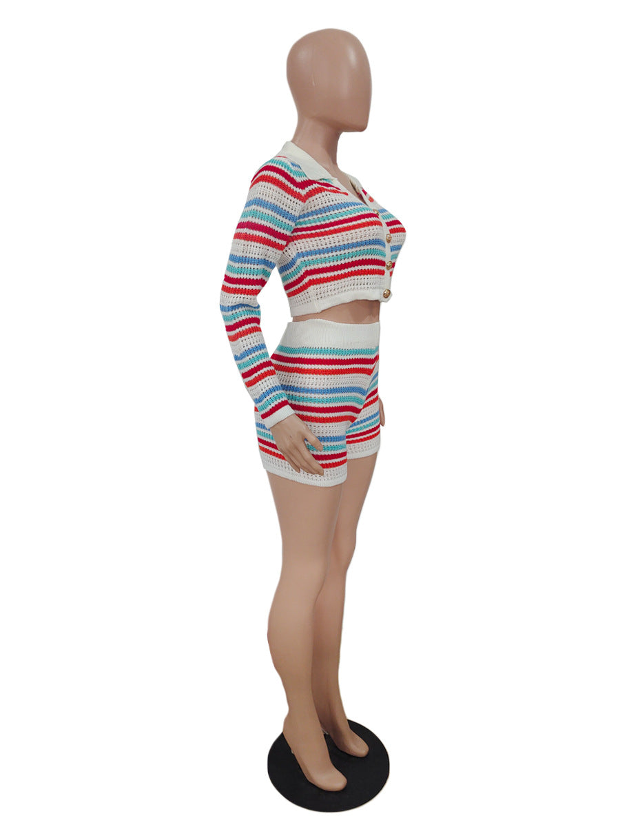 Lapel Cardigan Double-breasted Long Sleeve Striped Color Matching Knit Two-piece Suit