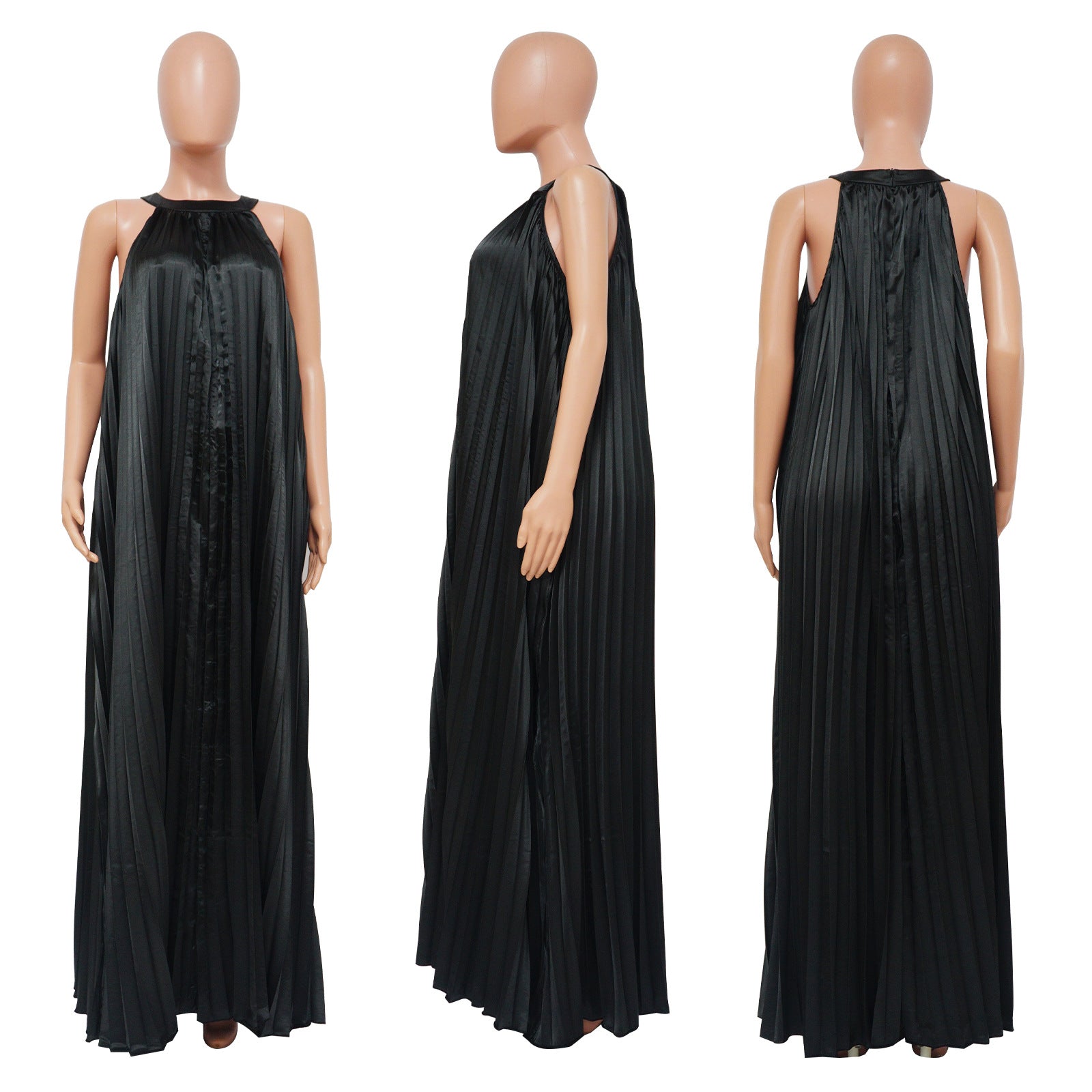 Sleeveless Off Shoulder Simulated Silk Pleated Large Swing Dress