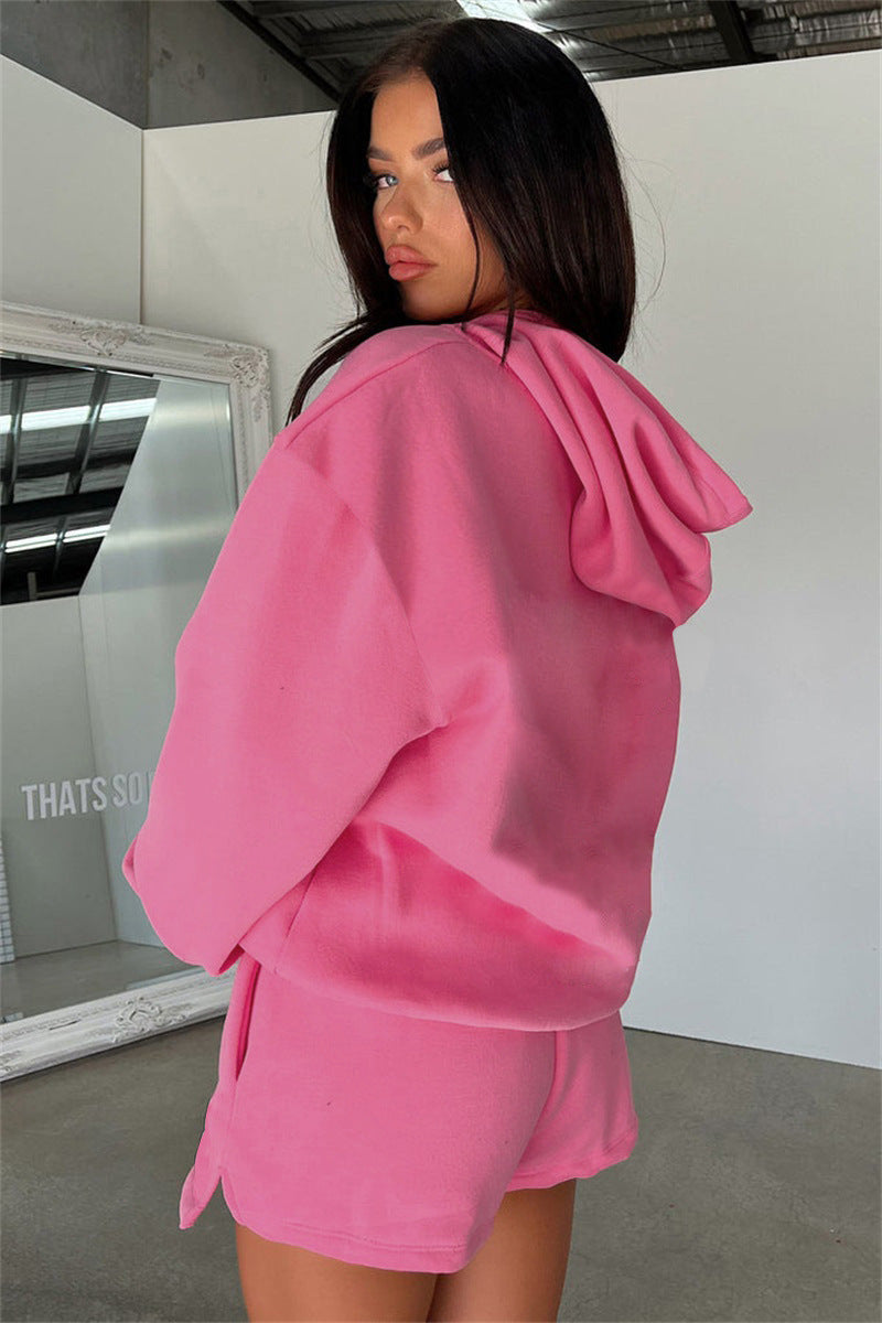 Solid Color Long Sleeved Shorts Hoodie Two-piece Set