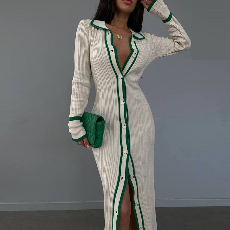 Slim lapel panels women's long sleeve cardigan dress