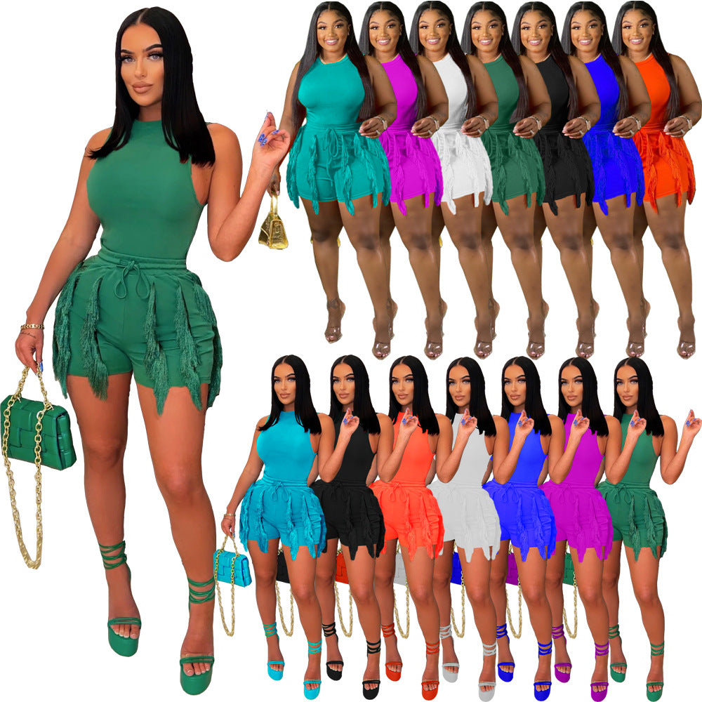 Drawstring Tassel Solid Color Dress 2PC Set