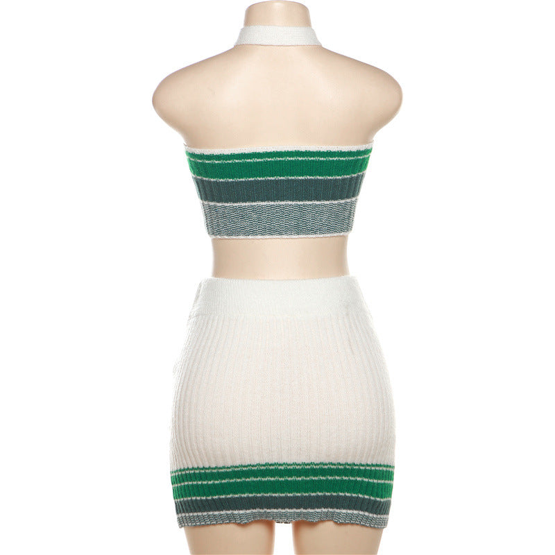 Jacquard Knitted Contrasting Neck Skirt Set