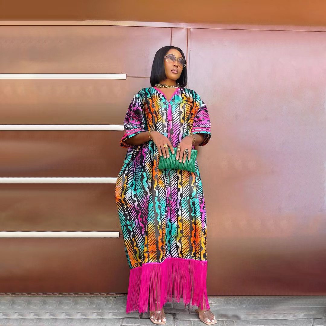 V-neck Fringed Loose Short-sleeved Printed Dress