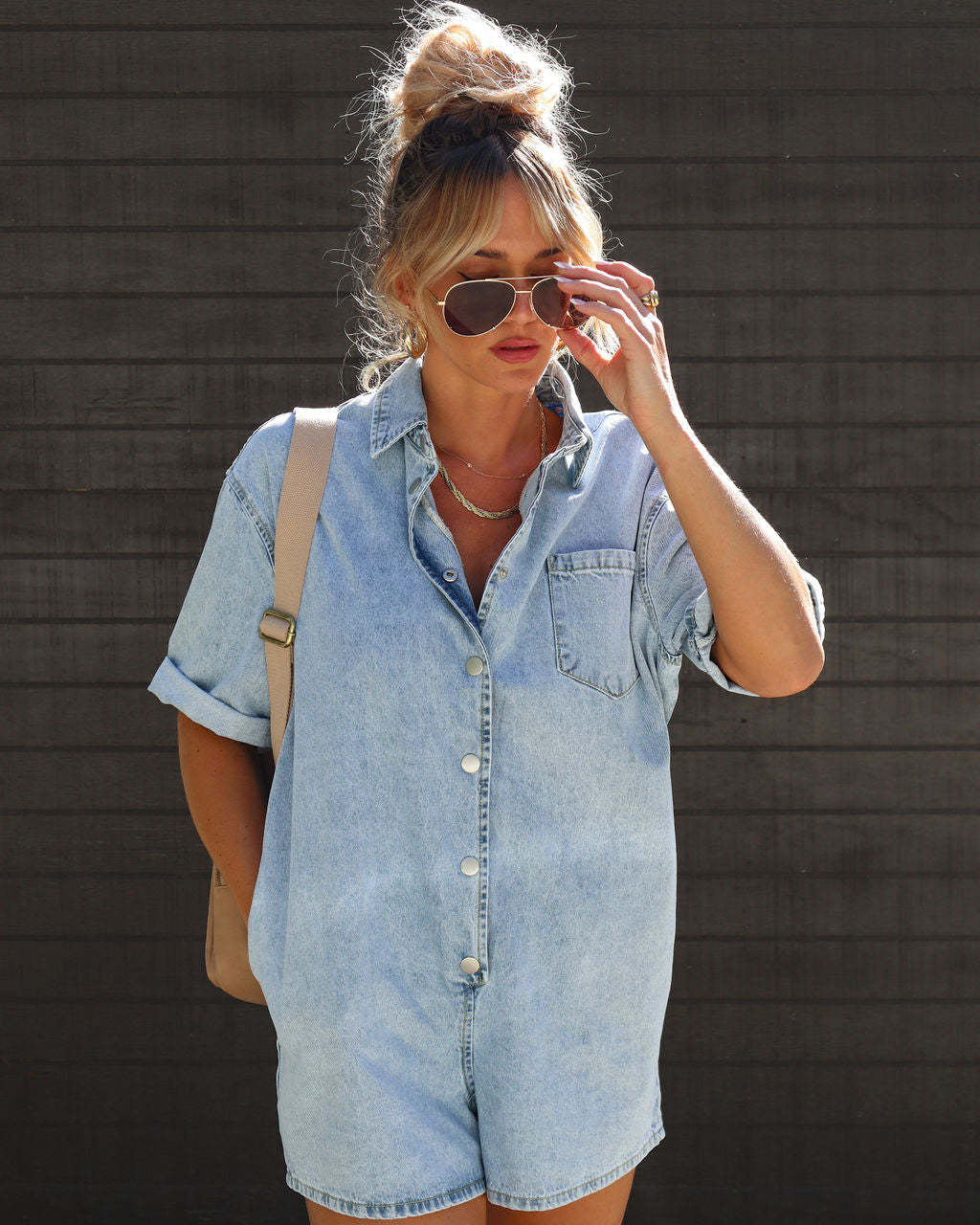 Polo Neck Short Sleeved Shorts Denim Jumpsuit
