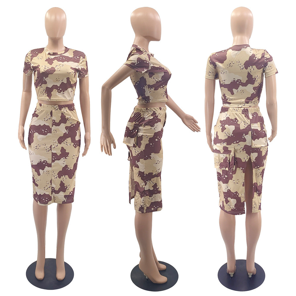 Camouflage Floral Split Mini Skirt Short Sleeve 2PC Set