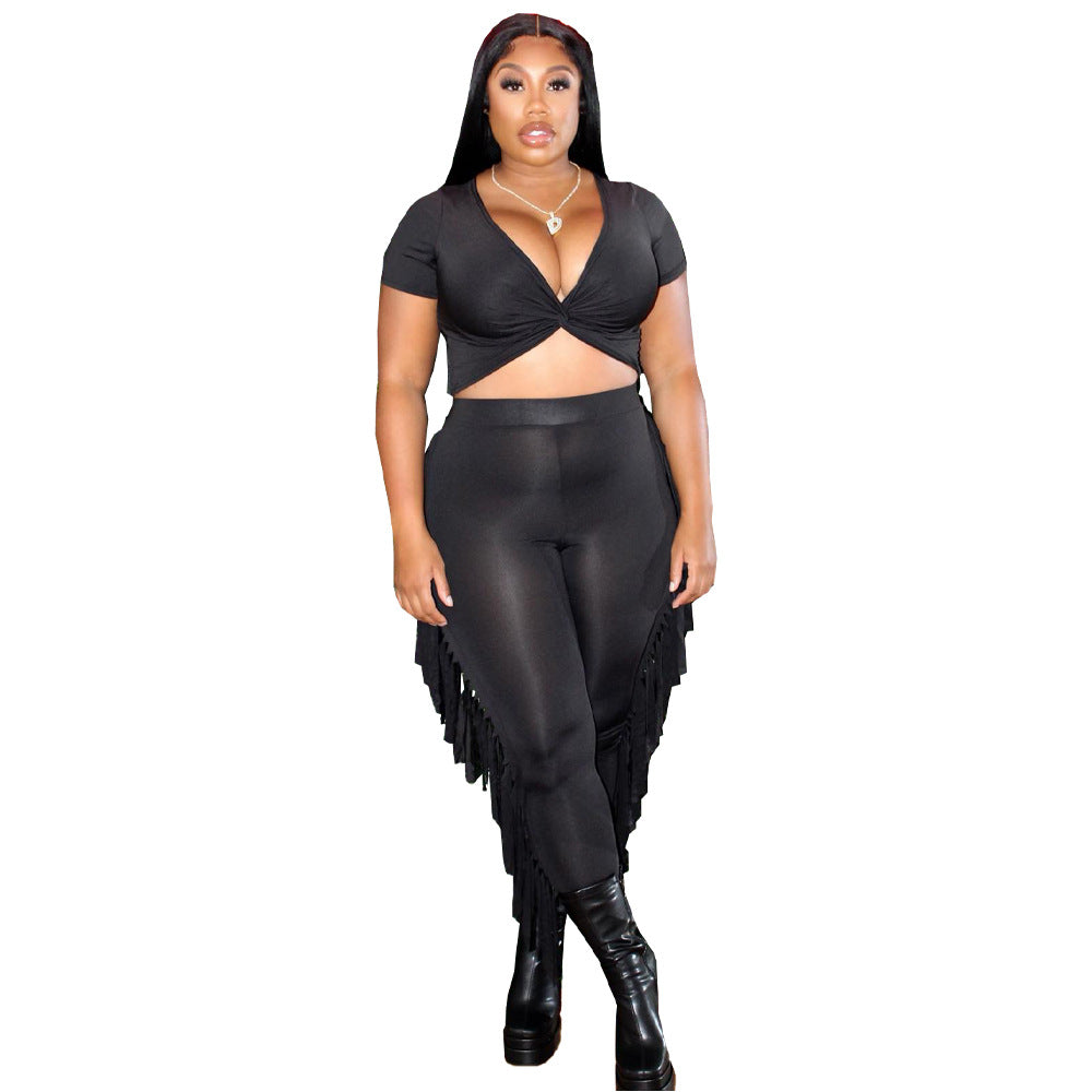 Tassel Trousers Crossed Short Sleeve Two-piece Suit