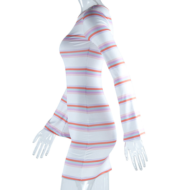 Striped Flared Sleeve Pullover Skirt Backless Waist Trimming A- line Skirt
