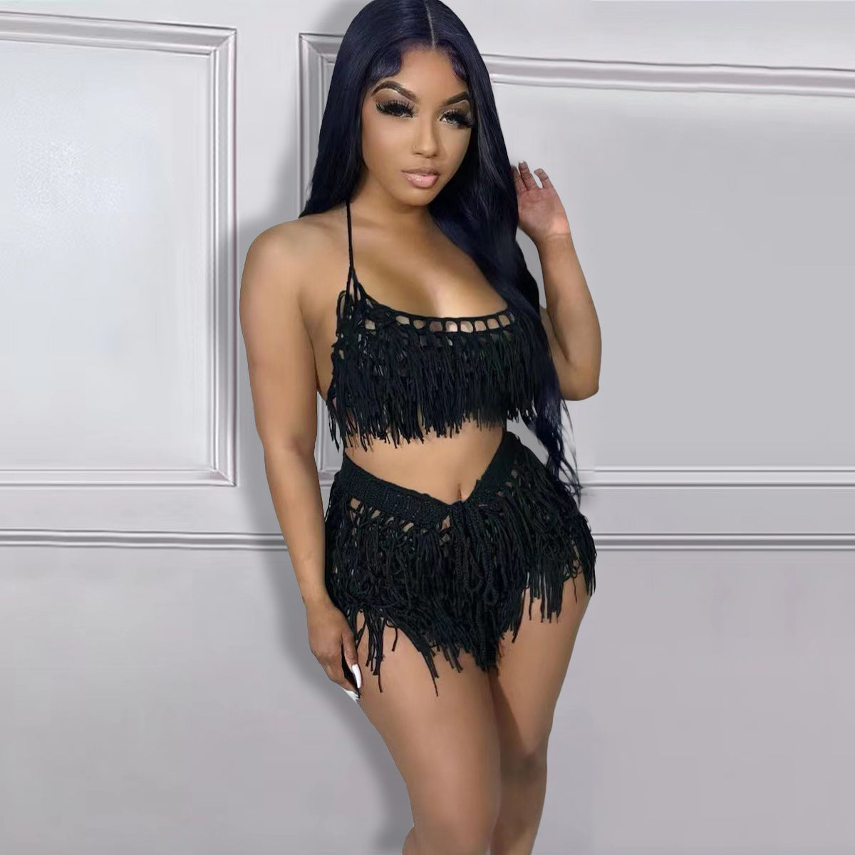 See-through Knitted Hand Crochet Tassel Beach Short Suit