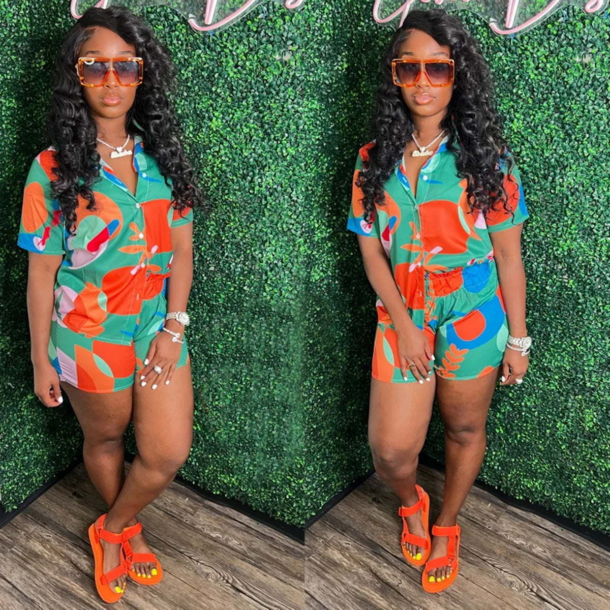 Printed Shirt Short Sleeve Shorts 2PC Set