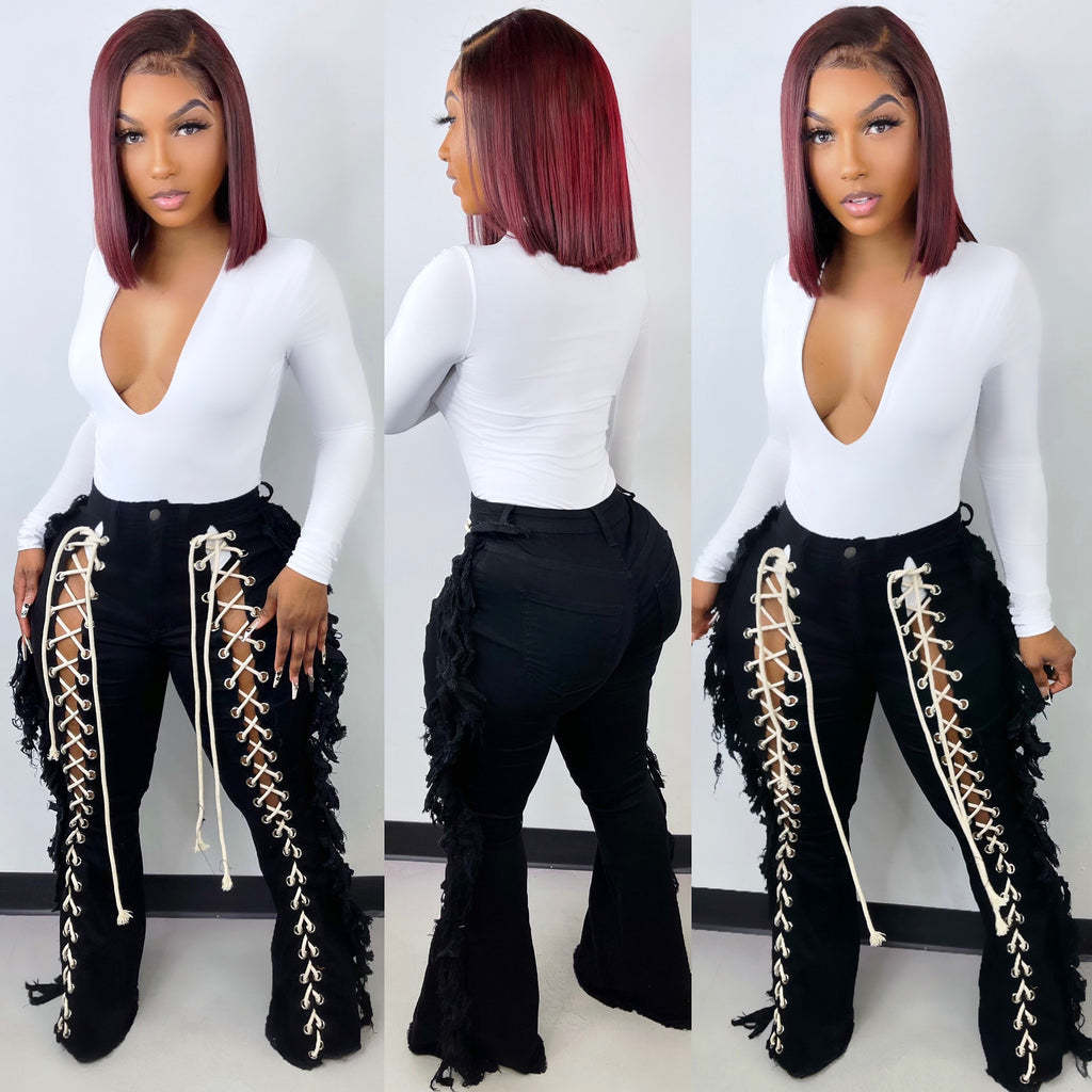 Eyelet String Tassel Straight Jeans