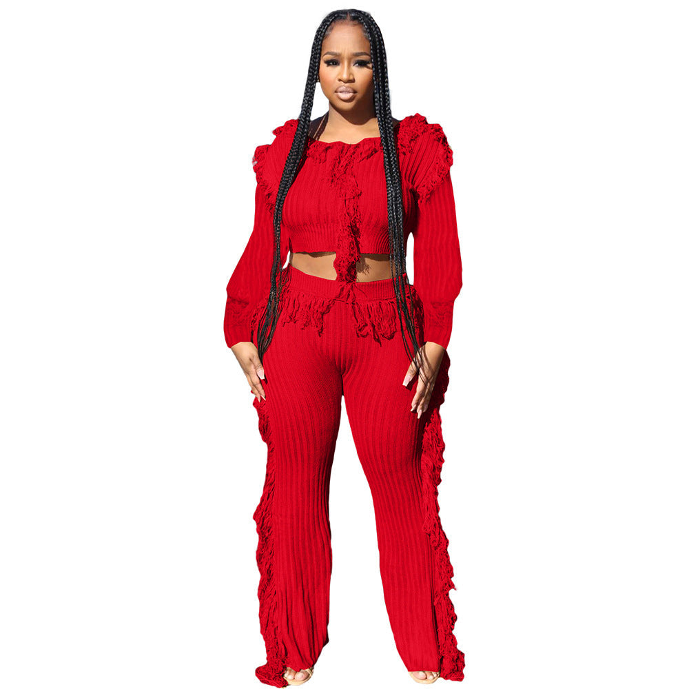 Casual Solid Color Knitted Long Sleeve Tassel Suit Women's Knitted Sweater