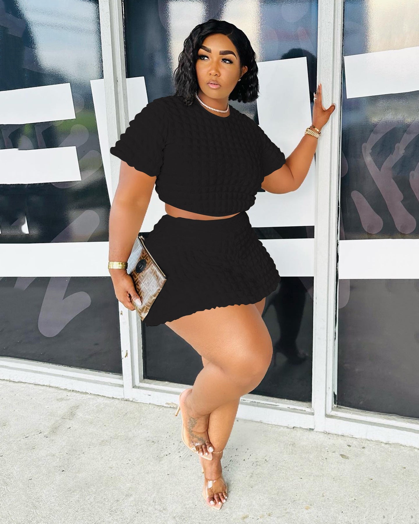 Popcorn Fabric Skirt Two-Piece Set