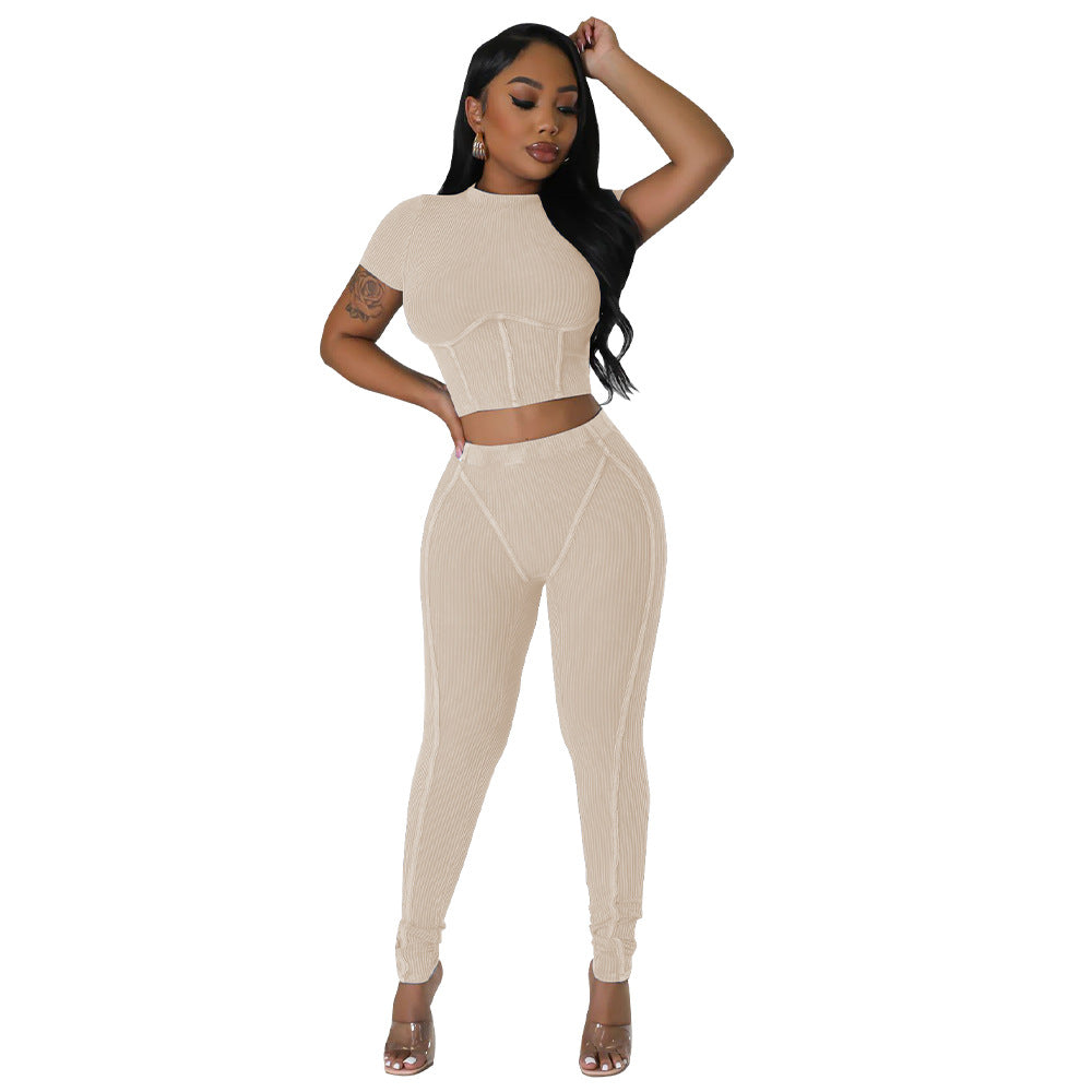 Pit stripe sports round neck tight and navel exposed set