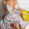 Printed Hollow-out Halter V-neck Cake Dress