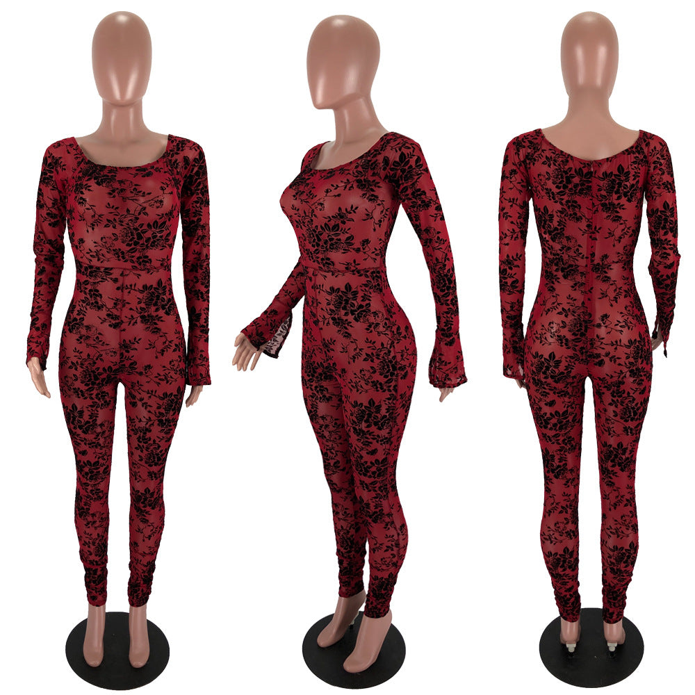 Mesh flocked shoulder jumpsuit