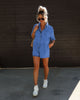 Polo Neck Short Sleeved Shorts Denim Jumpsuit