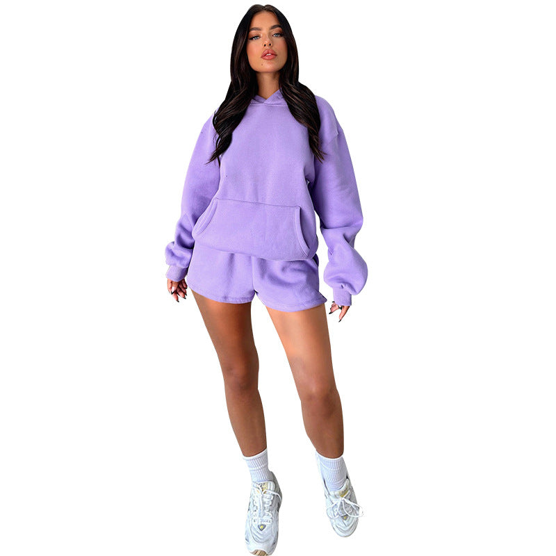 Solid Color Long Sleeved Shorts Hoodie Two-piece Set