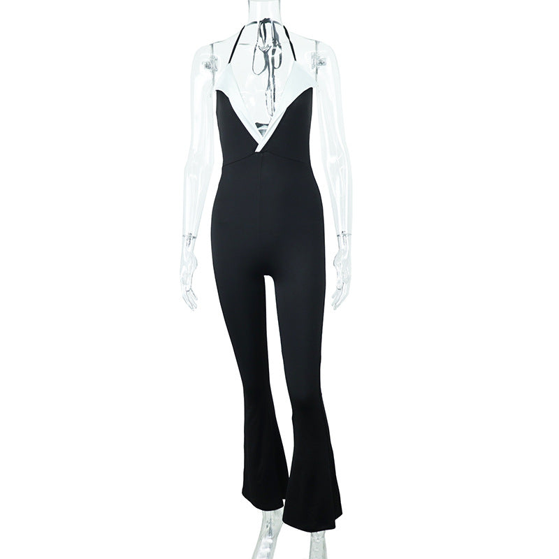 Patchwork Low-cut Halterneck Sleeveless High-rise Jumpsuit