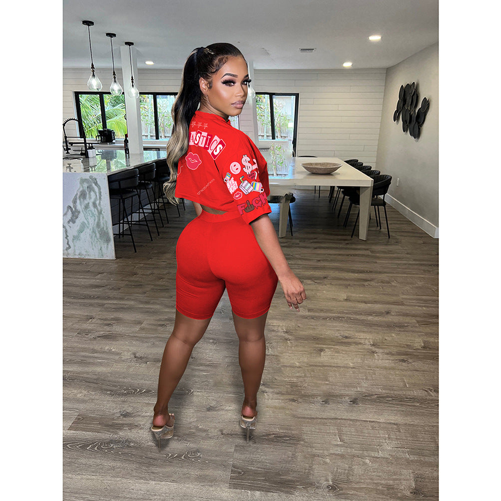 Printed Round Neck Short Sleeve Shorts
