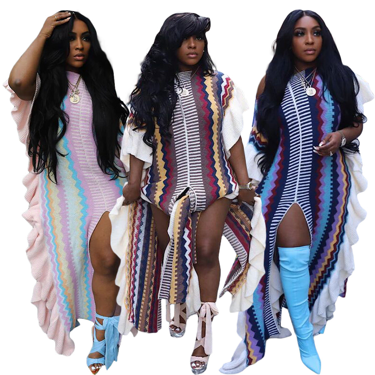 Ruffled Knitted Striped Slit Dress