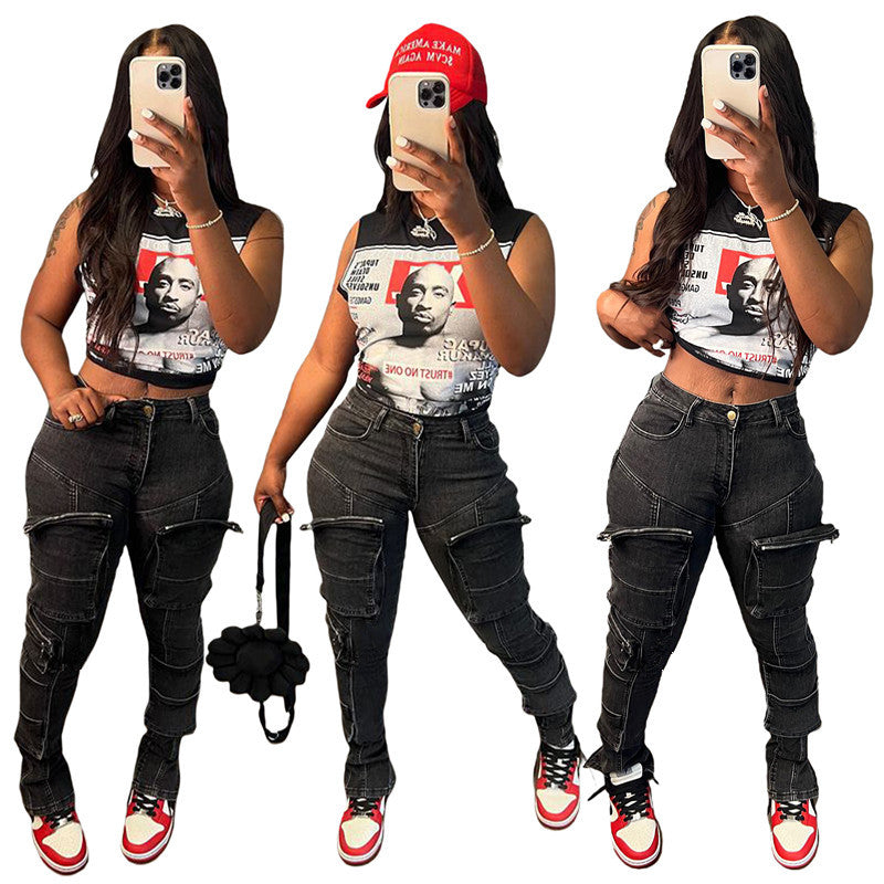 Multi Pocket Zipper Elastic Feet Jeans