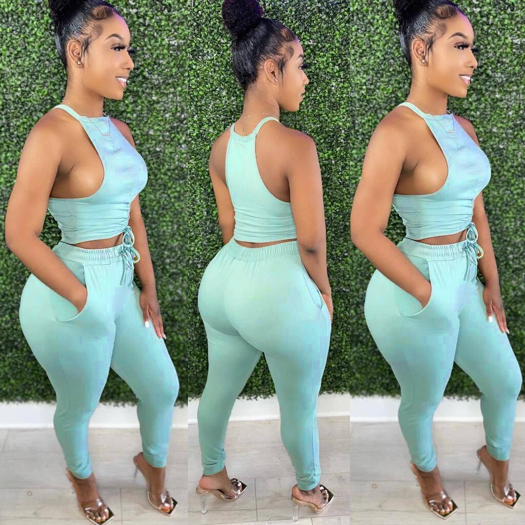 Solid Color Pleating Vest 2PC Set