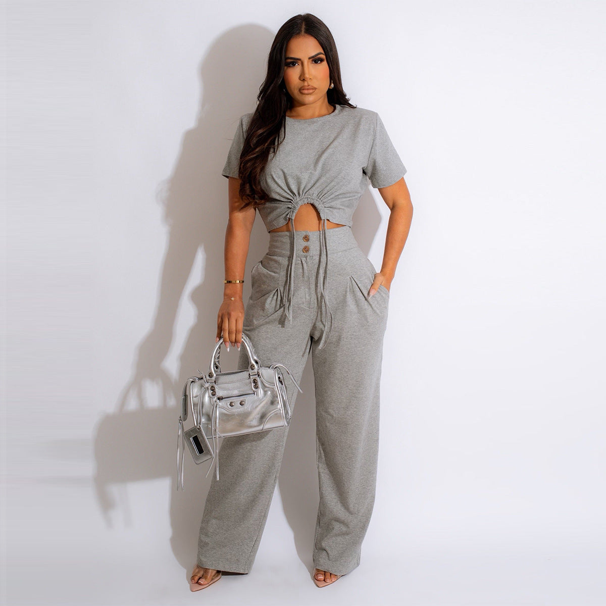 Cotton Short-sleeved Pleated T-shirt Wide-leg Pants Two-piece Suit