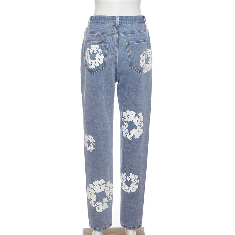 Printed high waisted casual straight jeans