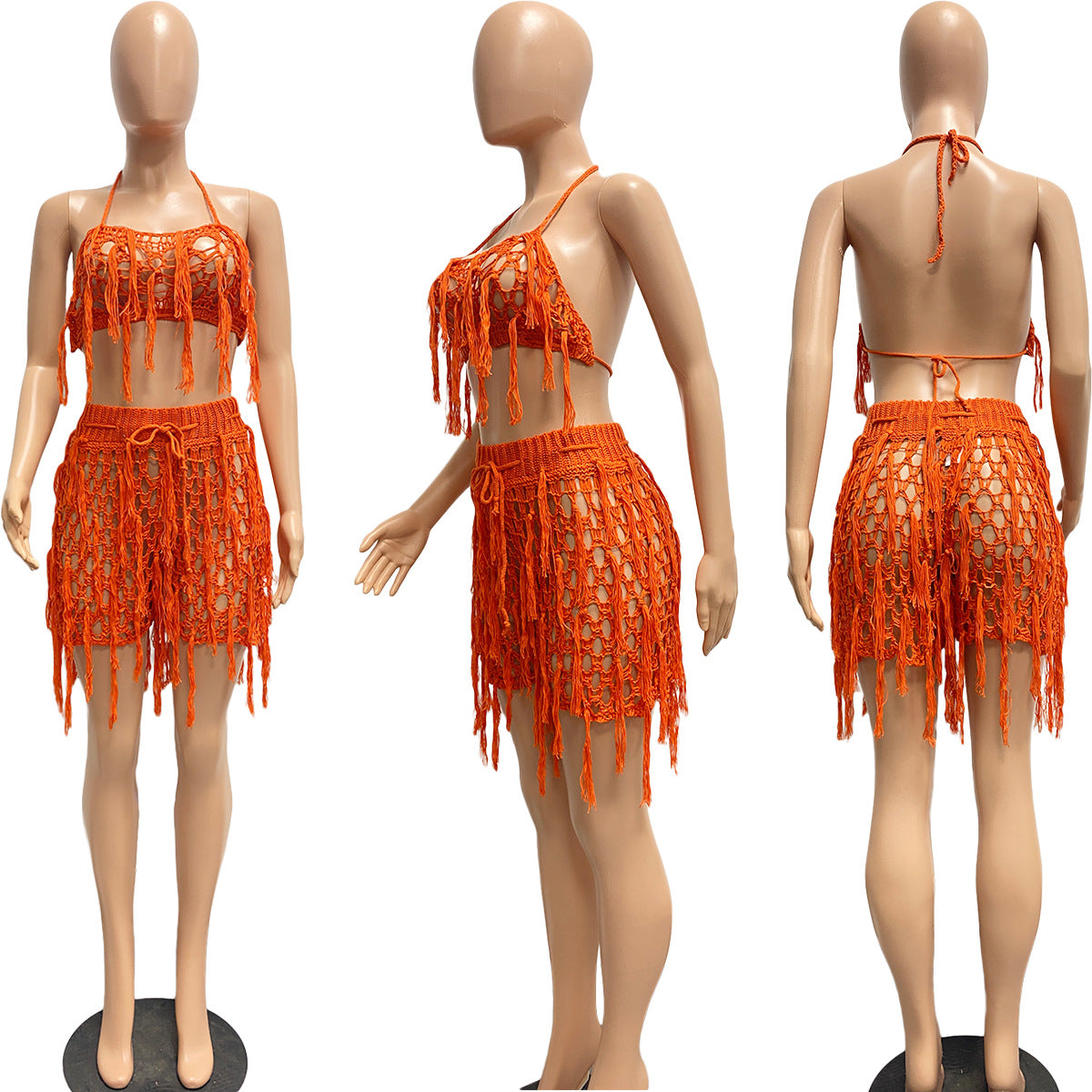 See-through Knitted Hand Crochet Tassel Beach Short Suit