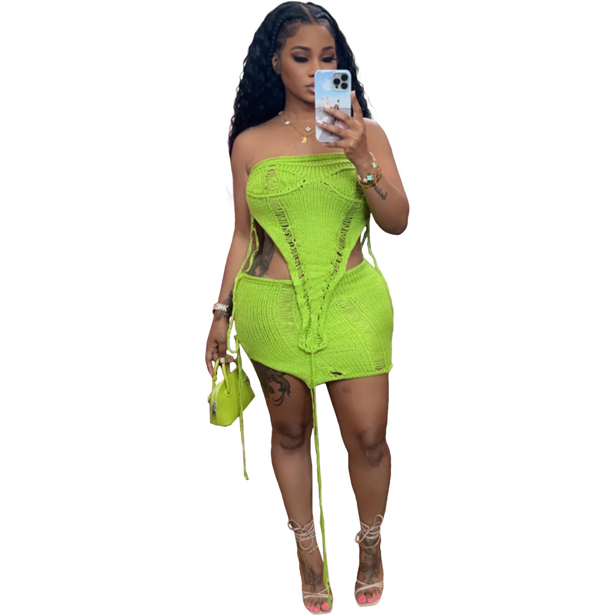 Sexy Knitted Ripped Drawstring Beach Suit