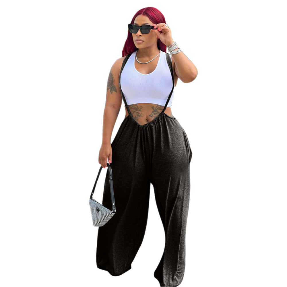 Casual Sports Home Solid Color Loose Suspenders pants