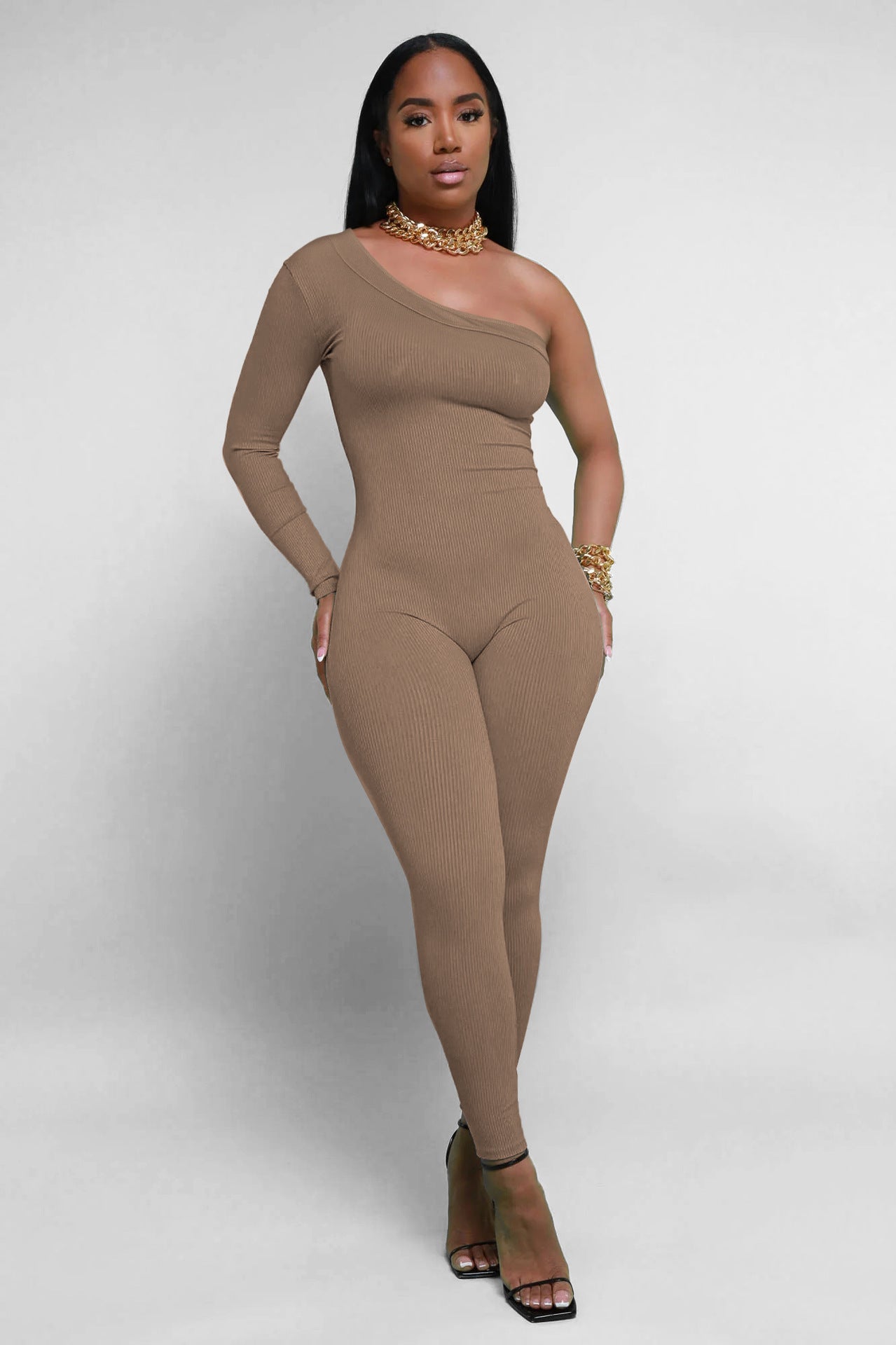Pit Striped Oblique Shoulder Slim Fit Solid Color Jumpsuit