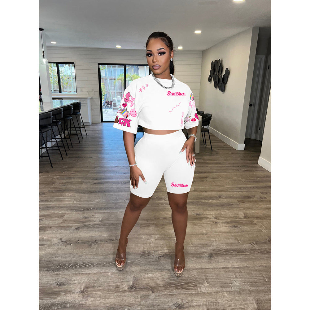 Printed Round Neck Short Sleeve Shorts