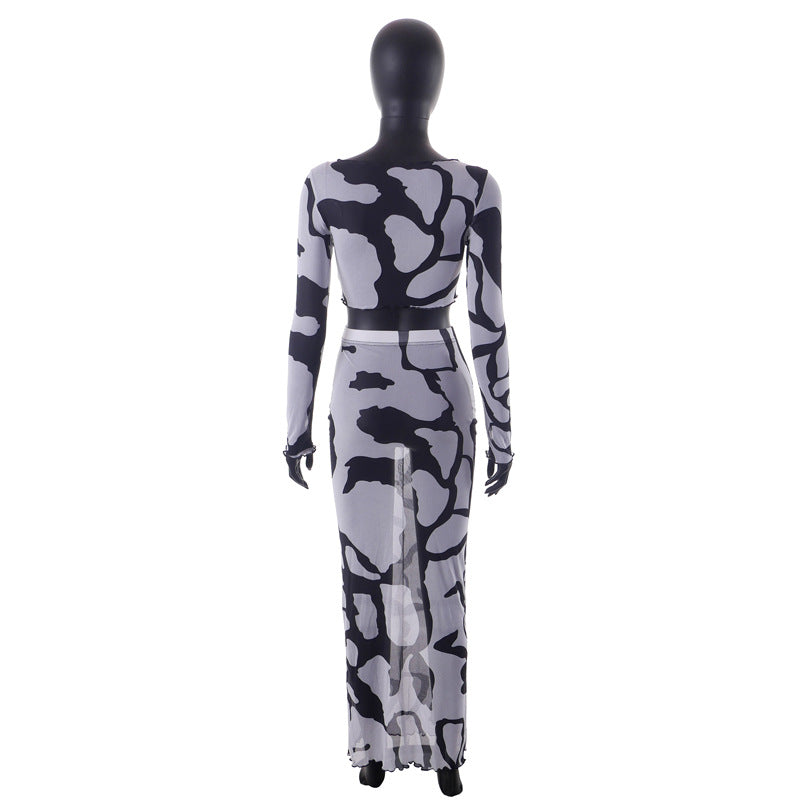 Printed Navel Long-sleeved Top and Long Skirt Set