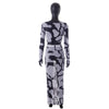 Printed Navel Long-sleeved Top and Long Skirt Set