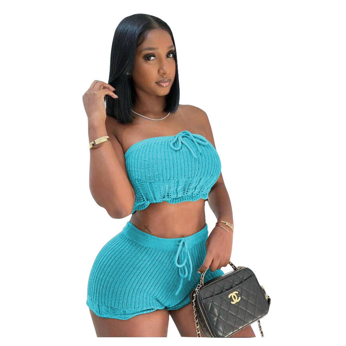Casual Knitted Tube Top Shorts Two-Piece Set