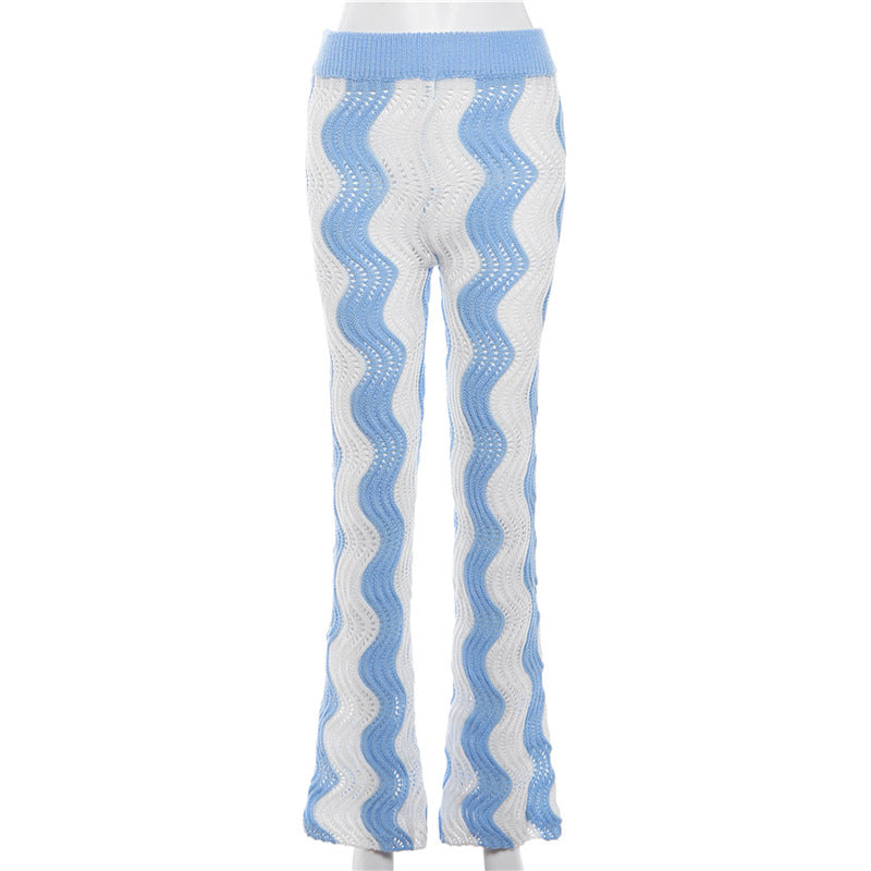 Wave Pattern Color Matching Knitted High Waisted Wide Leg Pants