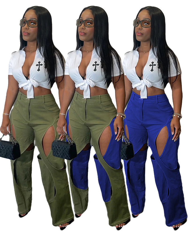 Contrasting Color Thread Stitching Hollow-out Design Casual Pants
