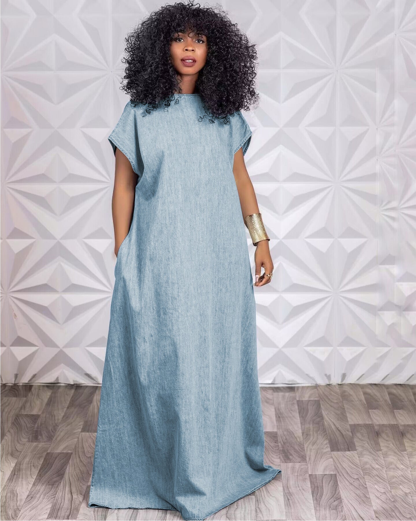 Denim Loose Deep V Open Back Dress