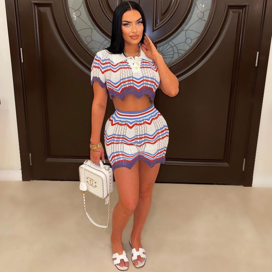 Striped Handmade Knit Casual Shorts Set