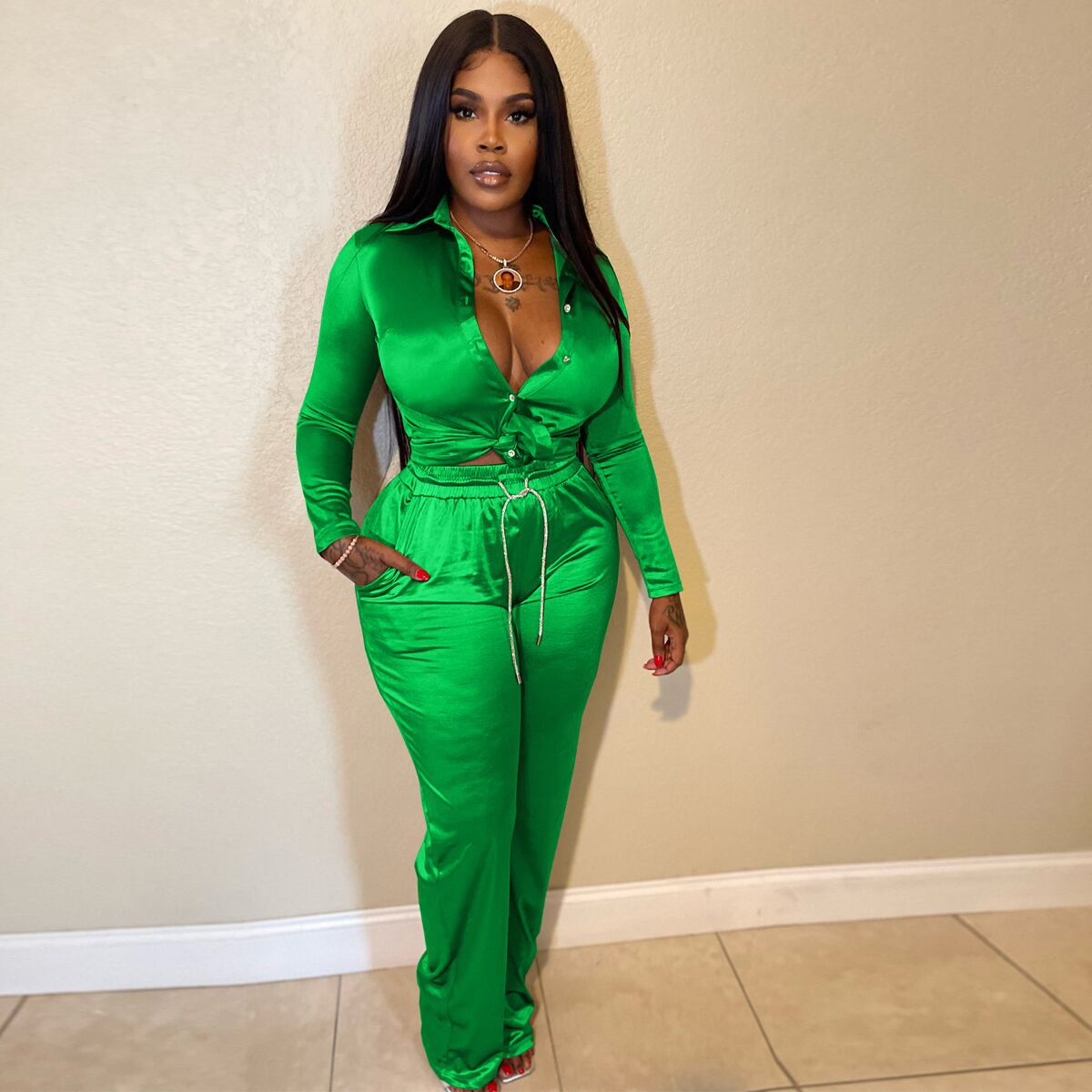 Two Piece Elastic Satin Lace Up Set