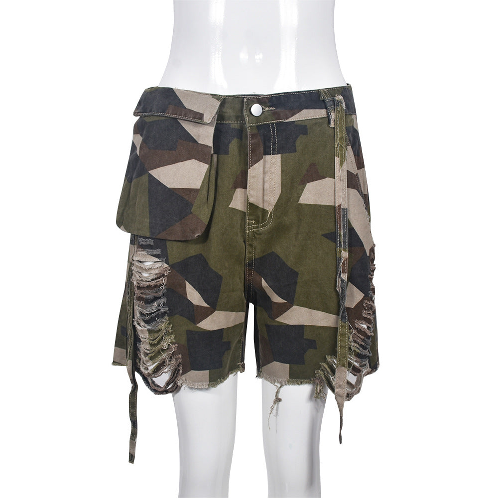 Camouflage Workwear Pocket Tassel Ripped Short