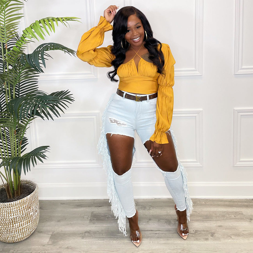 Pleated Balloon Sleeve Cinched Waist Top
