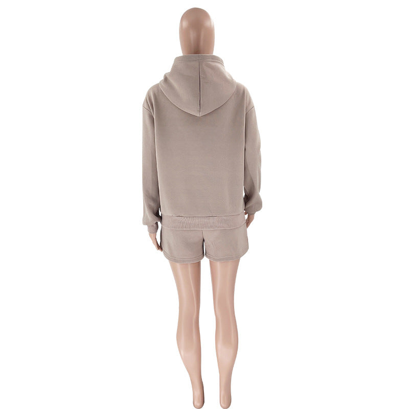 Solid Color Long Sleeved Shorts Hoodie Two-piece Set