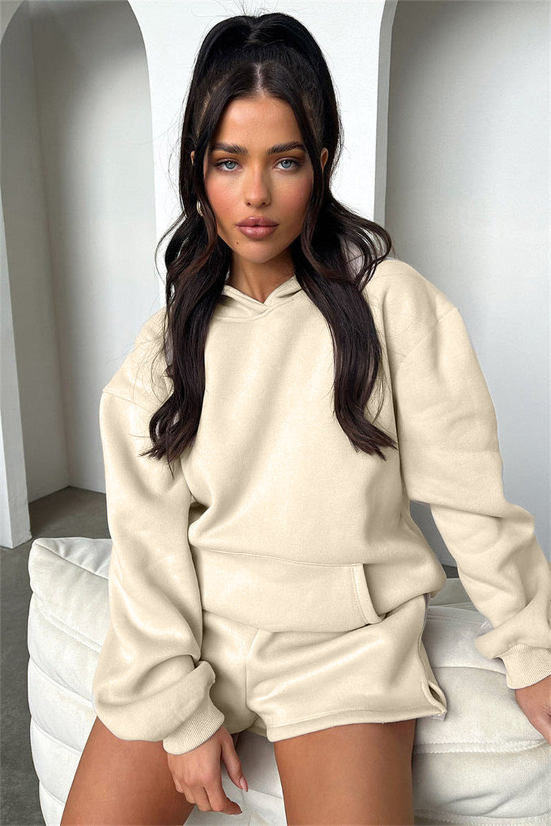 Solid Color Long Sleeved Shorts Hoodie Two-piece Set