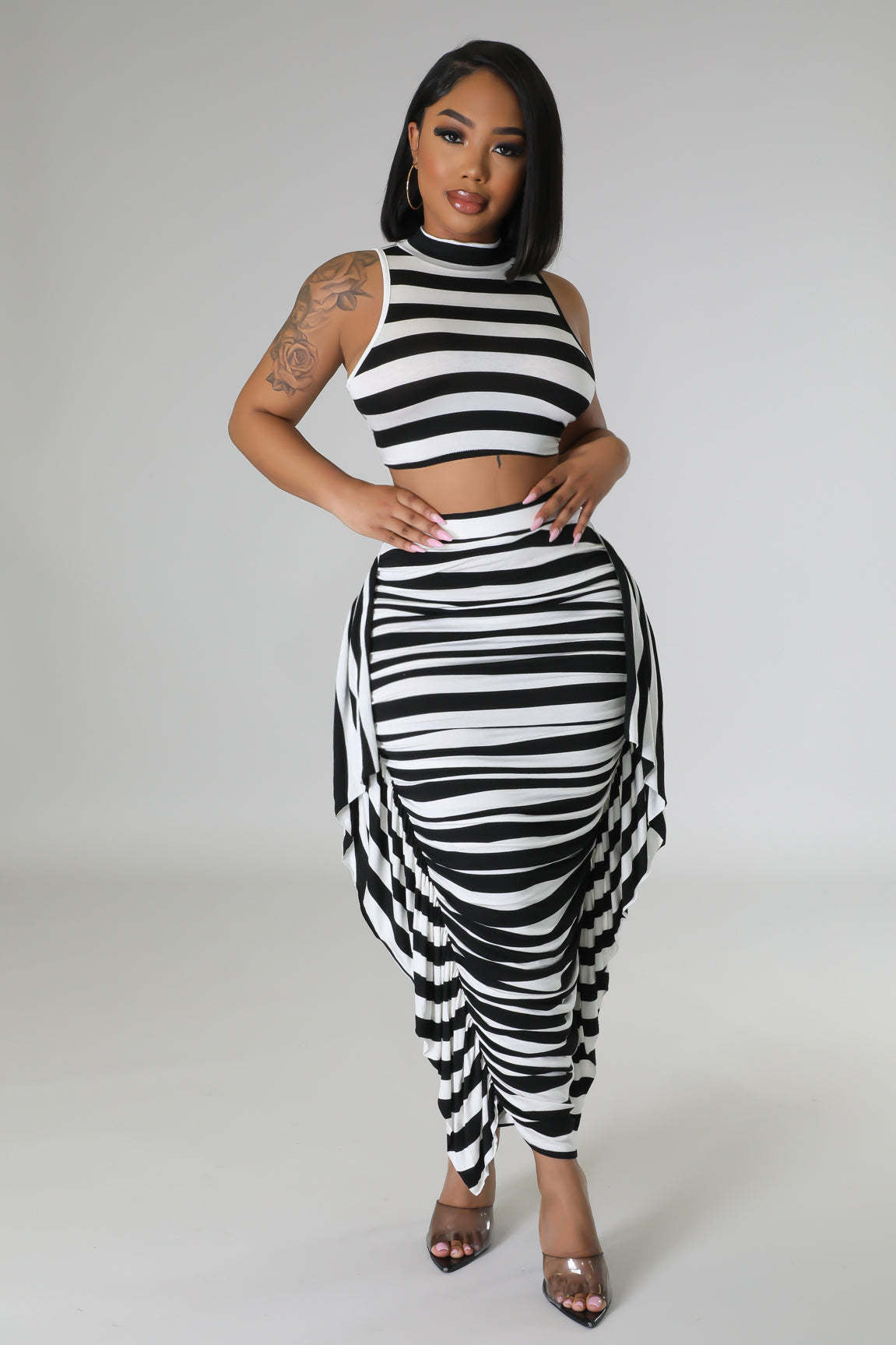 Black and White Striped Ruffled Skirt 2PC Set